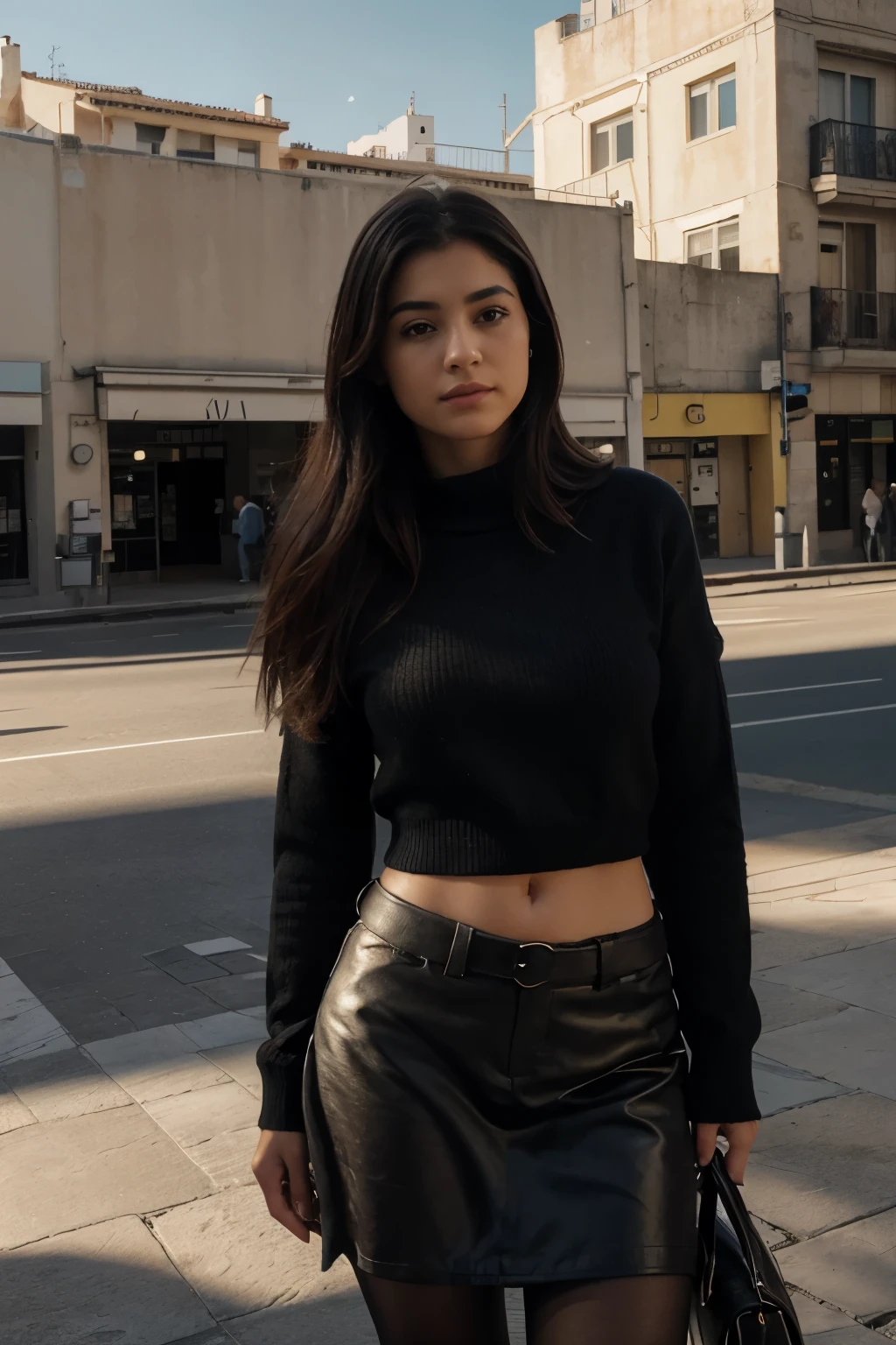Sexy girl with intense black make-up on her eyes Romanian woman with long hair black ponytail sweater mini skirt country photo taken on a street Medium breast Medium ass 