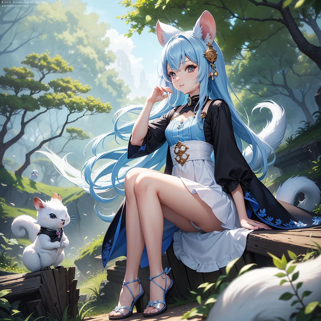 There is a small white squirrels with an acorn in his hand, cherry wood There is a cute blue-haired girl next to me。This is a cute white and blue outfit。黑The eye。cute forest creature, lovely digital painting, Cute and detailed digital art, the squirrels king, adorable digital art, Cute characters, cute character, adorable creature, Little cute, official illustration, offcial art, squirrels, MapleStory Mouse, Astrie Lohne, Cute 3d rendering,Show all pictures photo quality