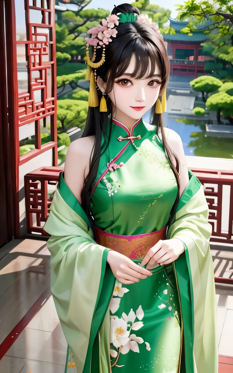 Beautiful Chinese girl,shoulder skin,Elaborate Eyes,详细的脸,Wear a green Chinese dress,Inside the Chinese courtyard,a plant,Pink curtaintravagant furnishings,palaces,Summer palace,carpets,delicated face, Nice face,