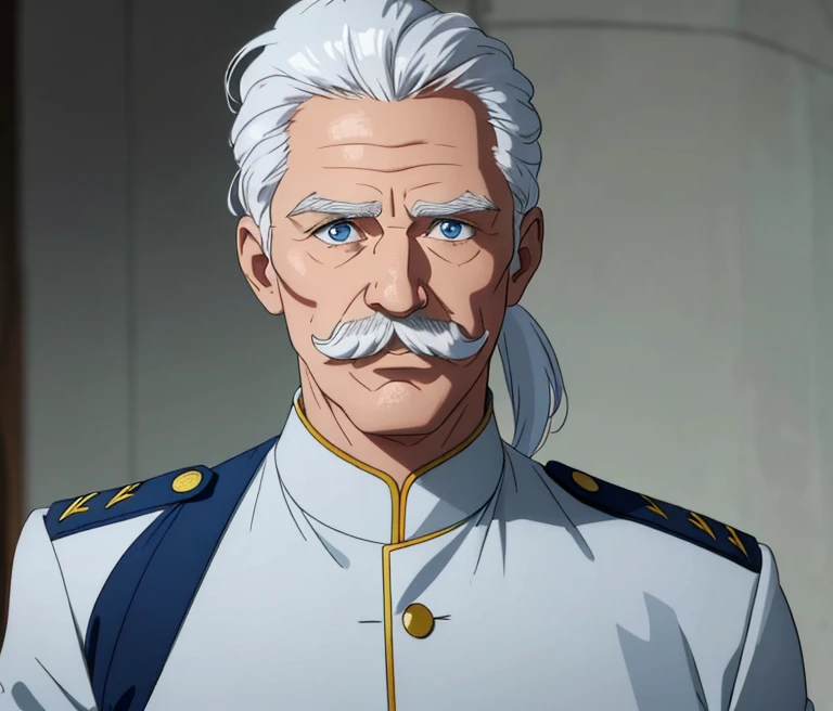 middle aged man with white hair that is tied in a ponytail, thick white mustache and blue eyes. He is wearing a military uniform.