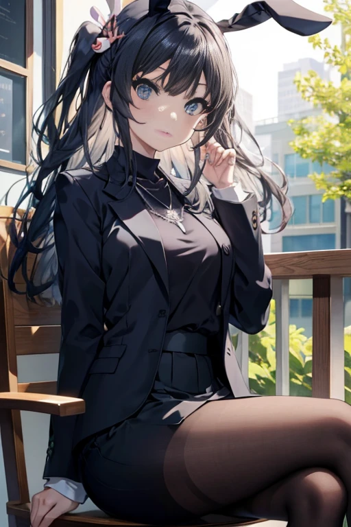 (masutepiece:1.2), Best Quality, High resolution, Maisakurajima, 1girl in, Solo, Long hair, Looking at Viewer, blush, Blue eyes, eye glass， Black hair, Hair Ornament, Closed mouth, , rabbit Hair Ornament,Necklace, Formal, Black jacket, pencil skirts, Skirt suit, Black pantyhose,sitting in a chair with legs crossed，