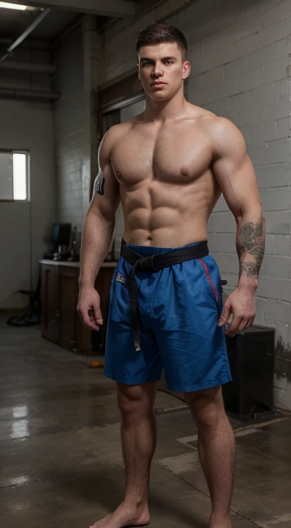 Young white man karate black belt, , military haircut, dark hair, intense blue eyes, intense gaze, affiliated features, no facial hair, height 1.90, weight 96 kg, muscular and corpulent aesthetic build, broad shoulders, V-shaped body, half sleeves tattoos, full body focus, completely hairless