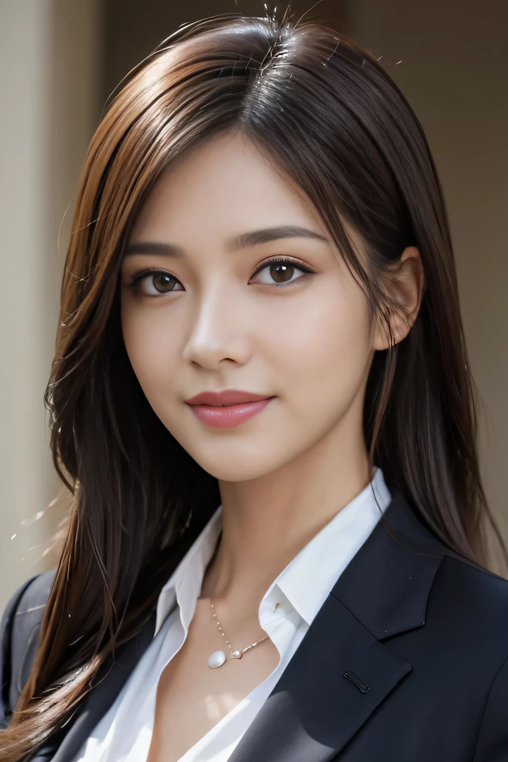 masutepiece, Best Quality, Photorealistic, Ultra-detailed, finely detail, High resolution, 8K Wallpaper, 1 beautiful woman,, light brown messy hair, in a business suit, foco nítido, Perfect dynamic composition, Beautiful detailed eyes, detailed hairs, Detailed realistic skin texture, Smiling, Close-up portrait, Model body type