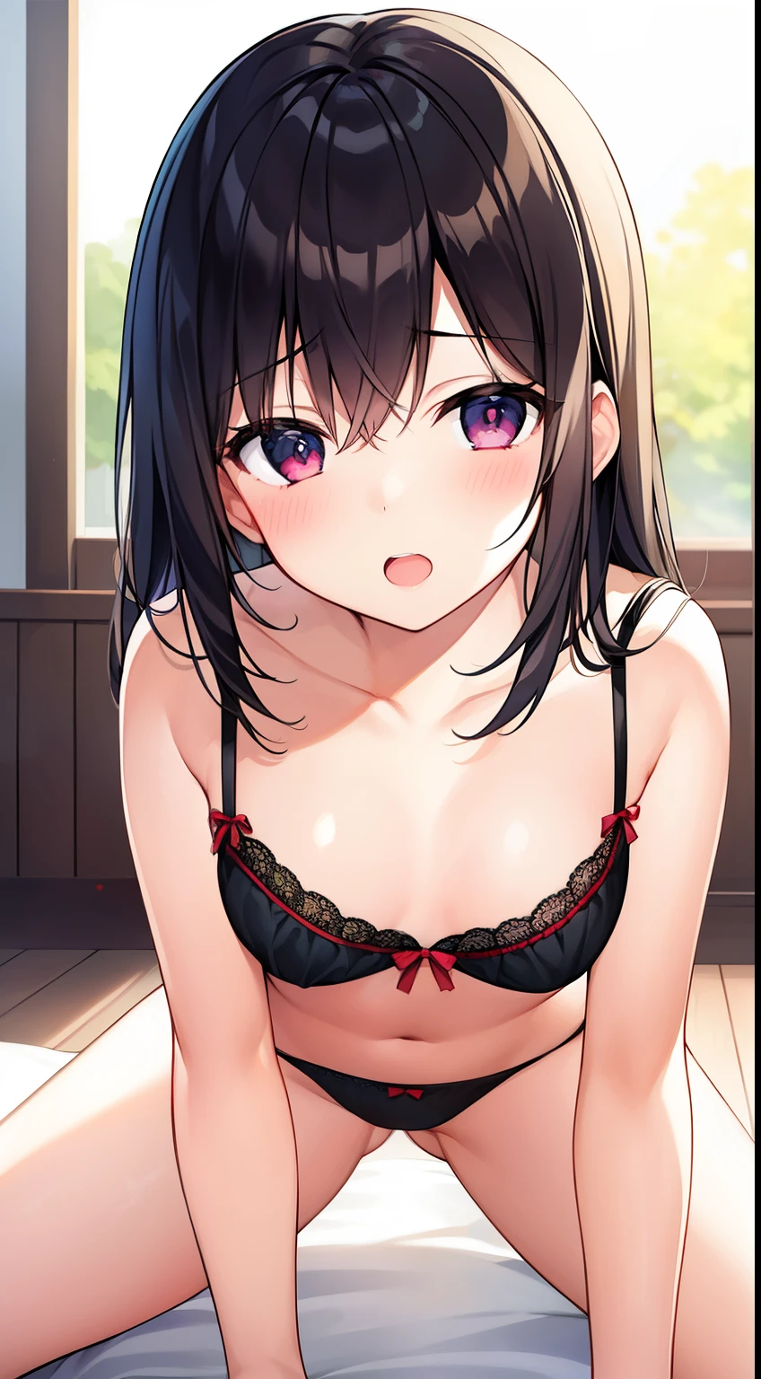 top-quality、​masterpiece、1girl in、in one's underwear only、Cute lingerie、all-fours、to close range、proximity、red blush、Staring at this、Thinly open mouth、tiny chest