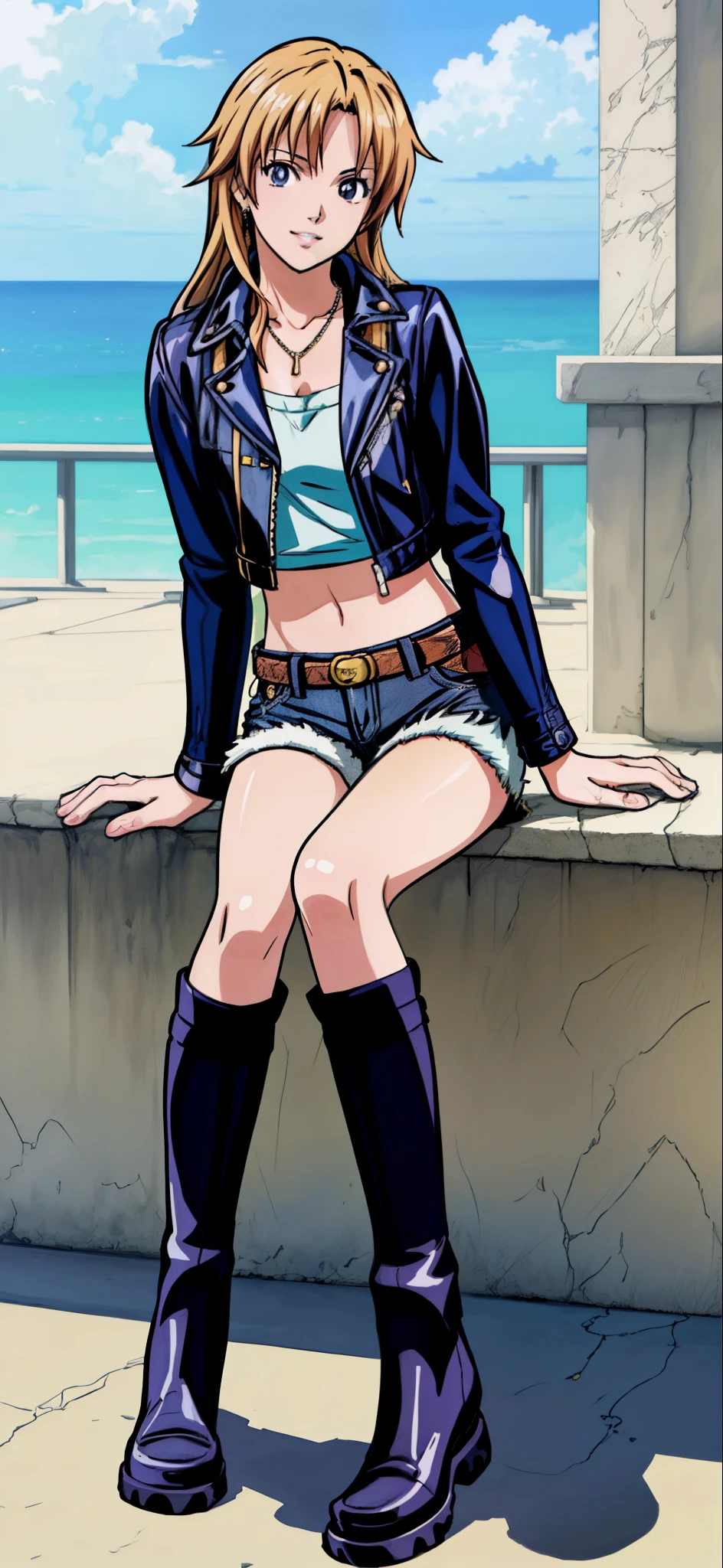 (Best Quality,4K,8K,hight resolution,masutepiece:1.2), Ultra-detailed, (Realistic,photoRealistic,photo-Realistic:1.37), smirk , Unhappy,((Golden hair)), ((Medium Long Hair)),piercings,leather jackets,White crop top, Damaged denim shorts,a necklace,right hand up,Sitting,Lace-up long boots,Beautiful detailed eyes, Beautiful detailed lips, extremely detailed eye and face, long eyelashes, Realistic anime 3D style, Smooth Anime CG Art, Digital rendering by Makoto Shinkai, Moe Anime Art Style, photoRealistic rendering of an anime girl, Shinkai Makoto style, Cute anime girl visuals, Realistic young anime girl, girl fan art, Created by Anime Artist'studio of.