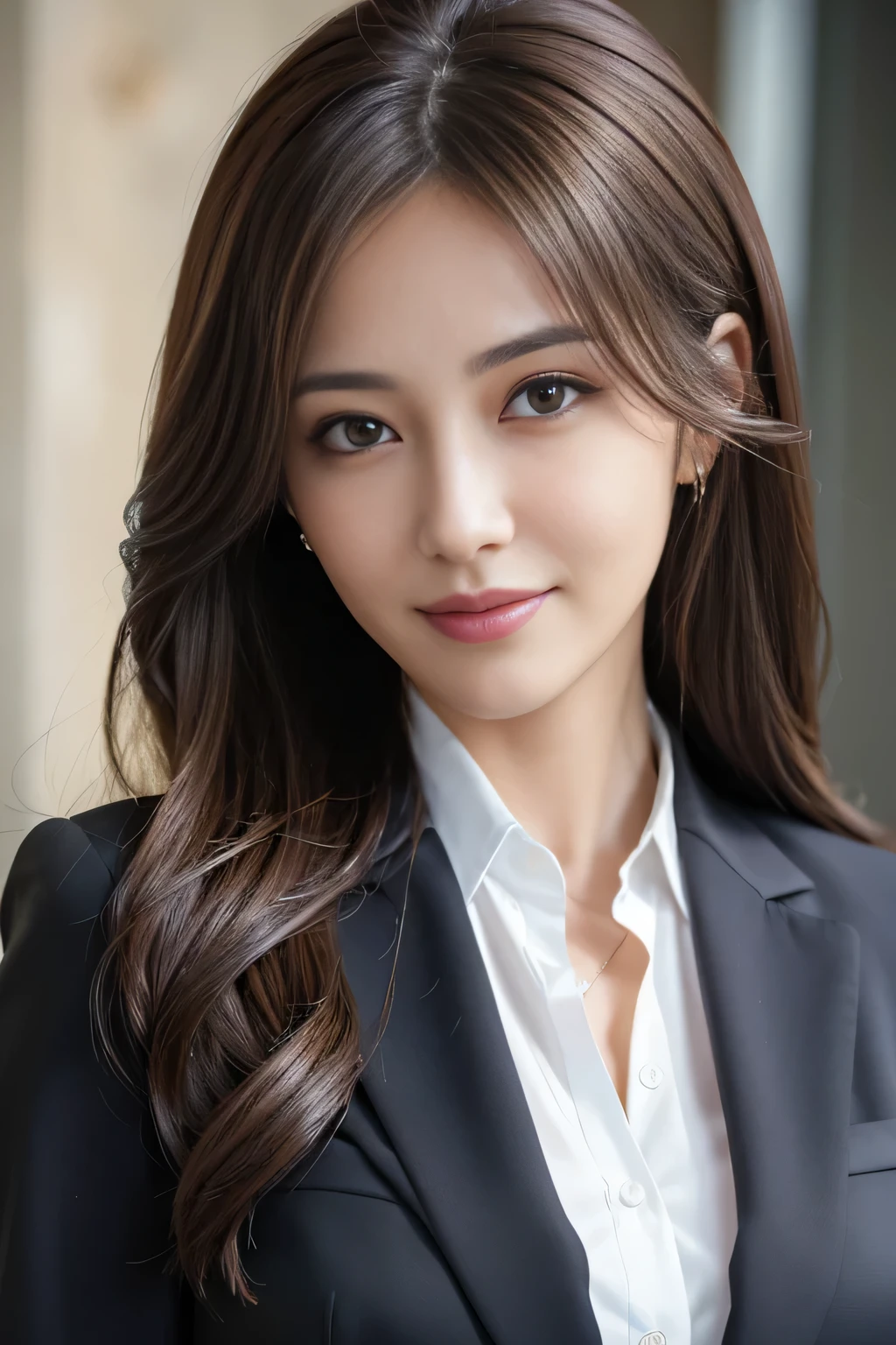 masutepiece, Best Quality, Photorealistic, Ultra-detailed, finely detail, High resolution, 8K Wallpaper, 1 beautiful woman,, light brown messy hair, in a business suit, foco nítido, Perfect dynamic composition, Beautiful detailed eyes, detailed hairs, Detailed realistic skin texture, Smiling, Close-up portrait, Model body type