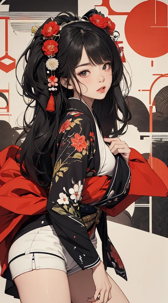 ((8k wallpaper of extremely detailed CG unit, masterpiece, hight resolution, top-quality, top-qualityのリアルテクスチャスキン)), ((a very beautiful woman, Seductive facial expressions, Plump lips, The upper part of the body, Hands in pockets:1.5, Japanese pattern haori, Japanese pattern micro mini shorts)), (messy black hair, de pele branca, Small), ((Colorful background with geometric patterns, Japanese pattern background, warm color, white backgrounid)), hyper realisitic, digitial painting, concept-art,