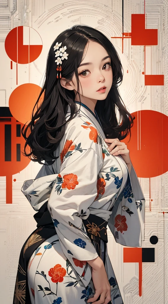 ((8k wallpaper of extremely detailed CG unit, masterpiece, hight resolution, top-quality, top-qualityのリアルテクスチャスキン)), ((a very beautiful woman, Seductive facial expressions, Plump lips, The upper part of the body, Hands in pockets:1.5, Japanese pattern haori, Japanese pattern micro mini shorts)), (messy black hair, de pele branca, Small), ((Colorful background with geometric patterns, Japanese pattern background, warm color, white backgrounid)), hyper realisitic, digitial painting, concept-art,