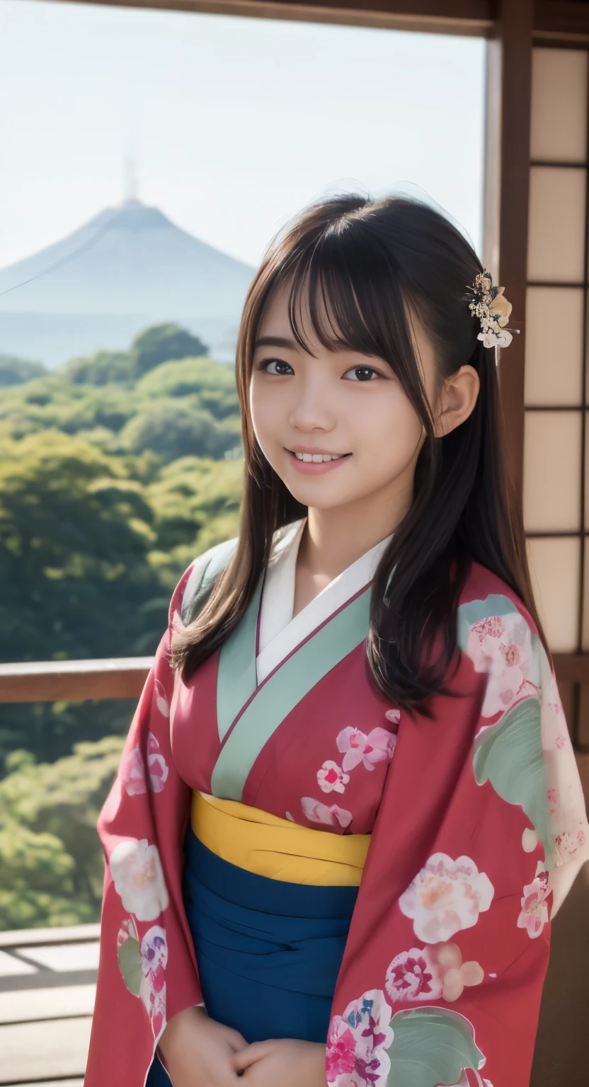 (top-quality、masterpiece:1.2)、Best Quality、realisitic、photoshot、hight resolution、1080p、8K、Textured skin、Physical Rendering、1 Japan Girls、a 、kawaii、Young Face、Rolled hair、(japanese kimono:1.5)、kyoto、full of shyness、smil、Big