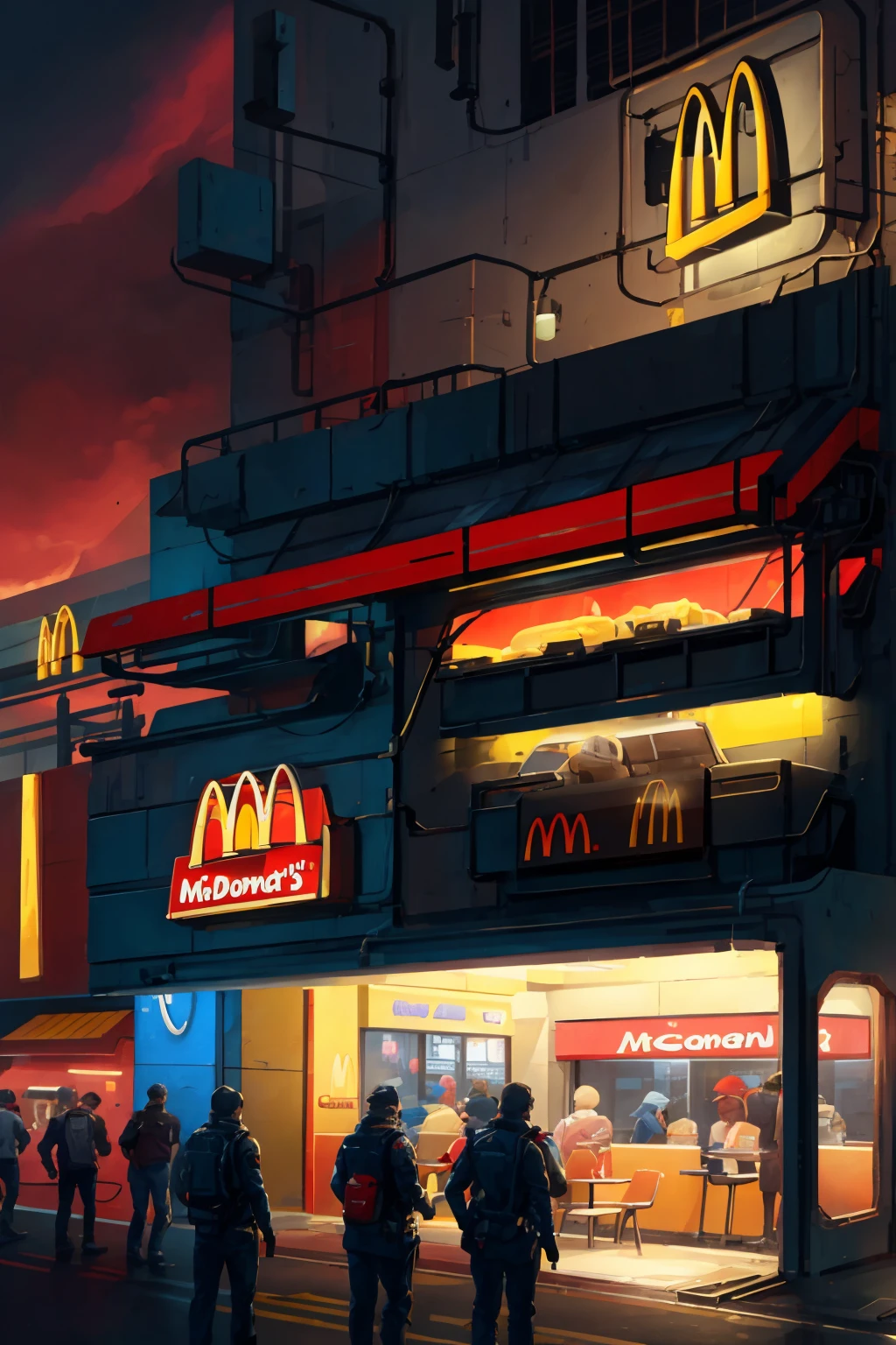 Night, McDonald's fast-food restaurant, illuminated, huge letter M sign, soft mist, hyper-realistic details, sci-fi style, retro-futurism