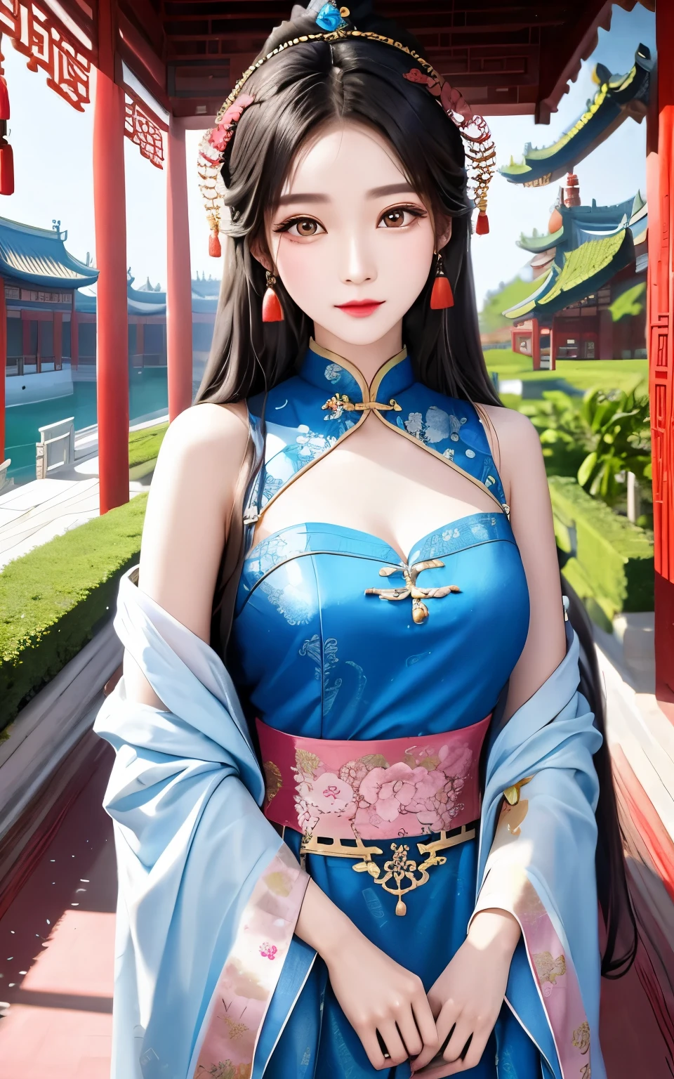 Beautiful Chinese girl,Shoulder skin,Elaborate Eyes,Detailed faces,wear blue dresses,Inside the Chinese courtyard,a plant,Pink curtaintravagant furnishings,palaces,Summer palace,carpets,delicated face, Nice face,