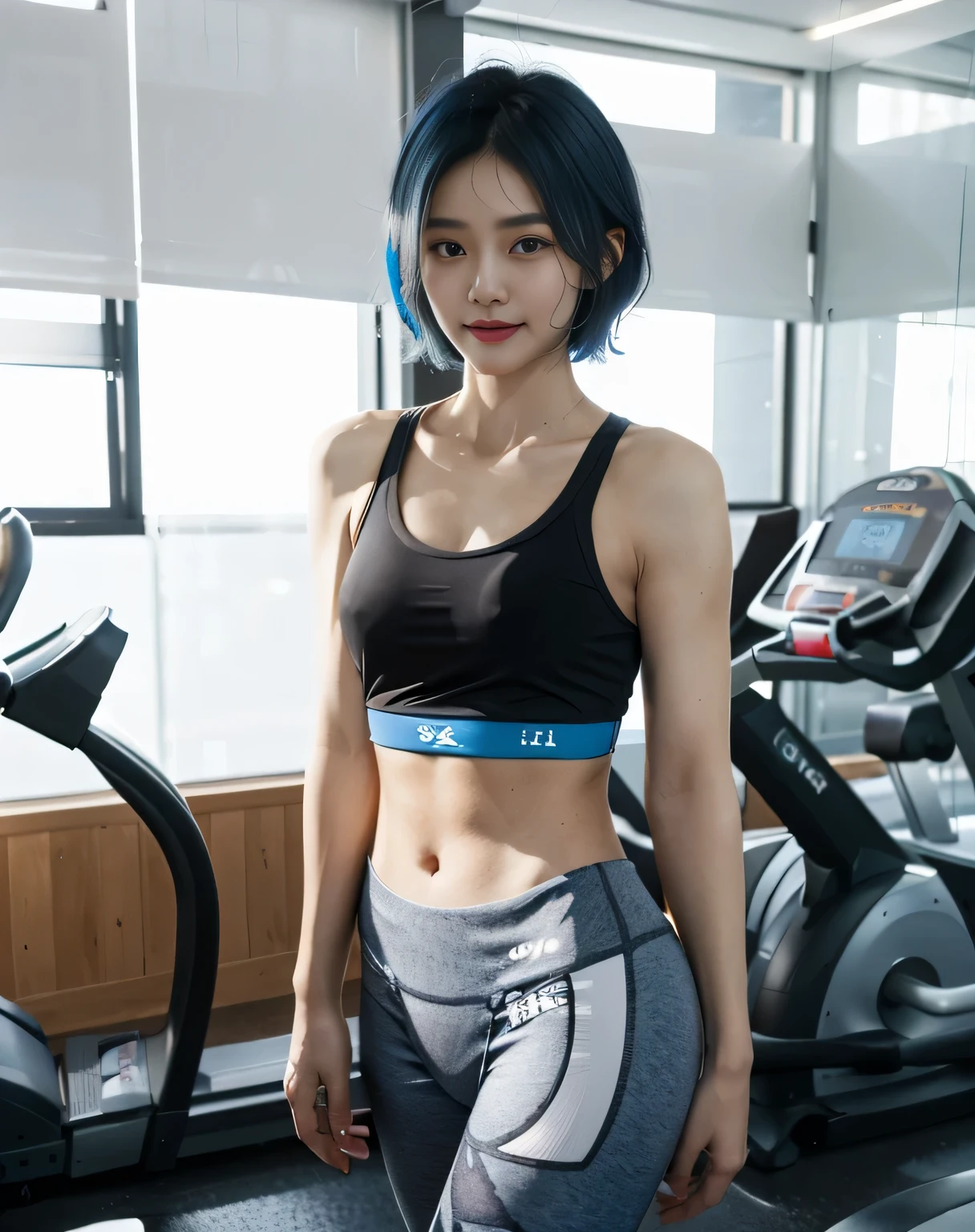 The highest image quality, RAW photos, Ultra-high sharpness, authentic skin texture，温柔的ssmile, 25 years old Asian beauty，Blue Bob Short Hair, blue hairs, Tight sports bra,The right yoga pants，with very thin lips, Beautiful eyes and details, long eyelasher, 二重まぶた, eye shadows, Abs，Permanent，looking at the camera in，ssmile，The background is the interior of the gym，fitness machine，The focus is on short blue hair