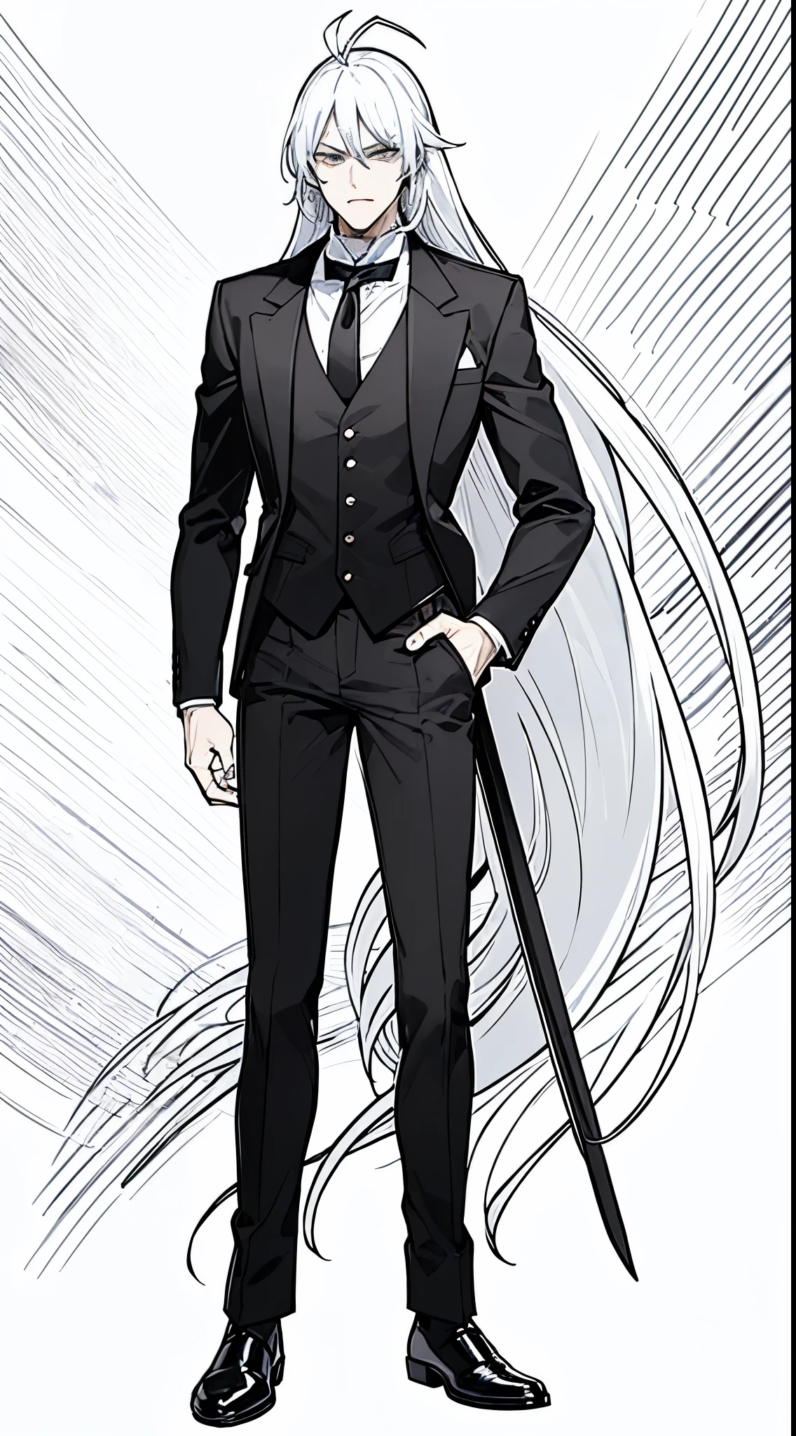 (1man,male),tall,cowboy shot,(black eyes),white hair,long hair,(((hair 2antennas))),(black blazer,black vest,black tie,black pants),open mouth,angry face,(white background,line drawing),full body,standing