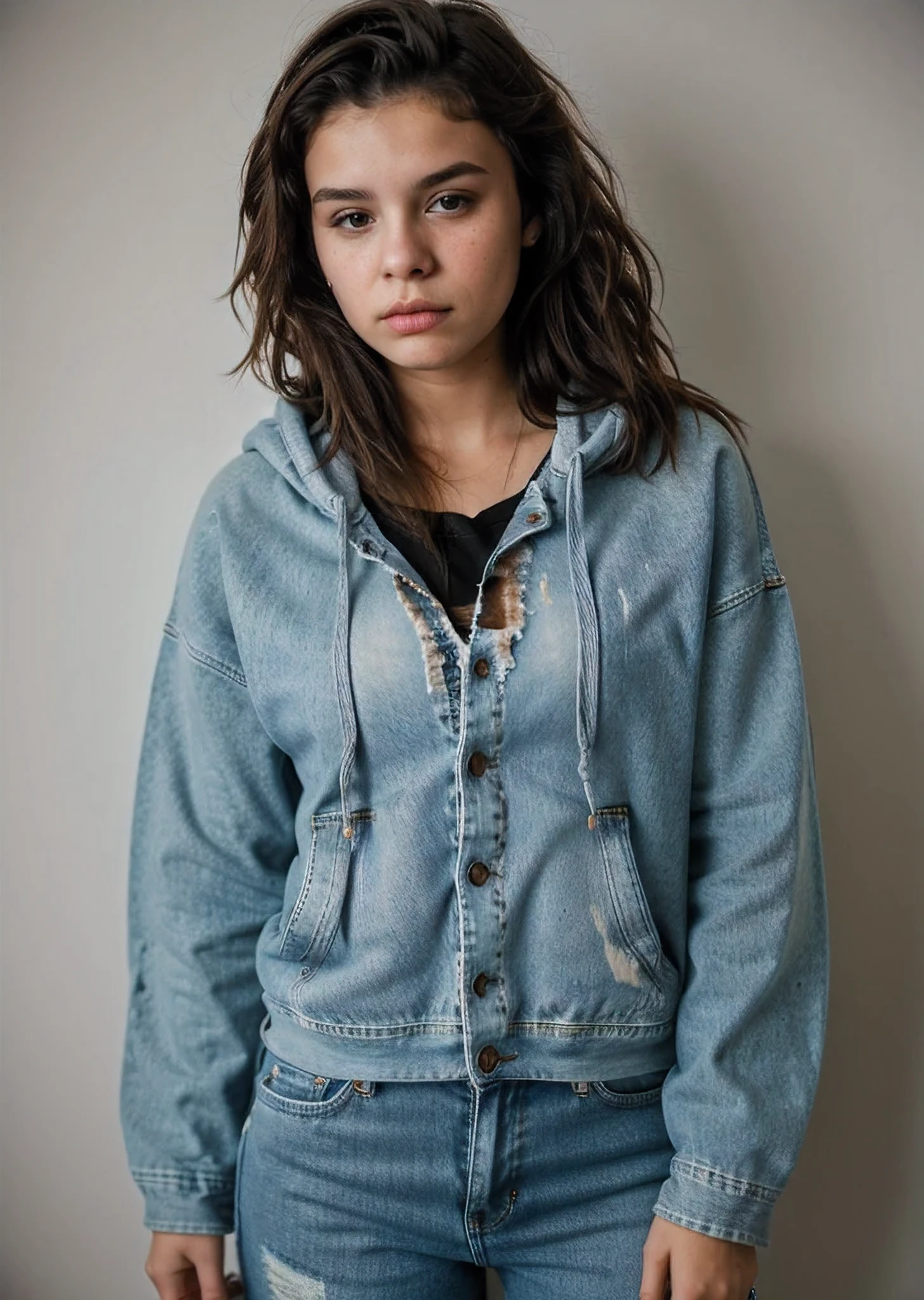 average looking 18 year old woman, wearing basic worn and battered jeans with a hoodie, worried look, medium brunette messy hair, bottom middle lip piercing