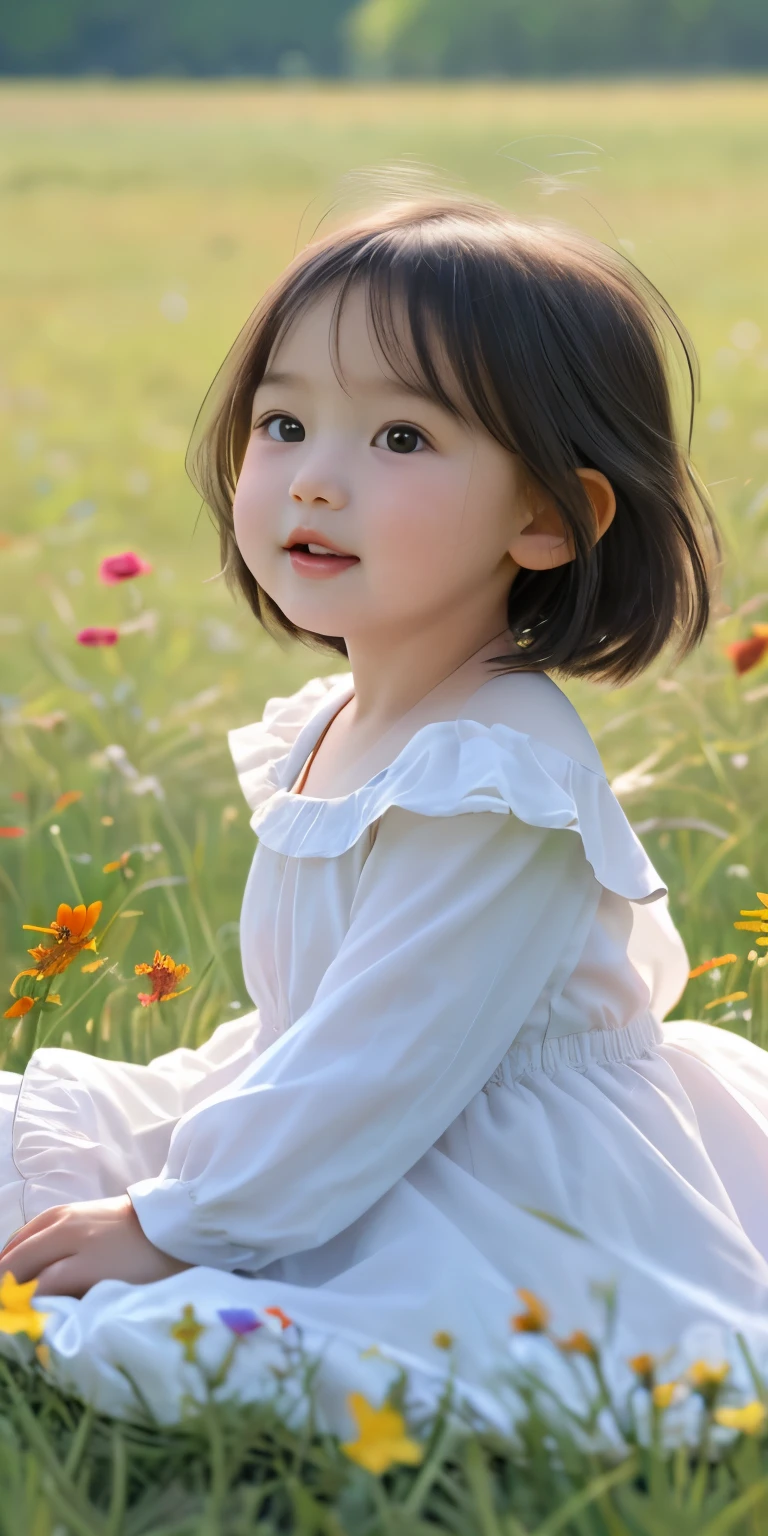 High Detail, Ultra Detail, Ultra High Resolution A cute and innocent girl, toddlerenjoying her time in the open field, surrounded by the beauty of nature, warm sun sprinkling on her, wildflowers gently swaying in the breeze. Butterflies and birds flutter around her, adding to the playful atmosphere , --v6