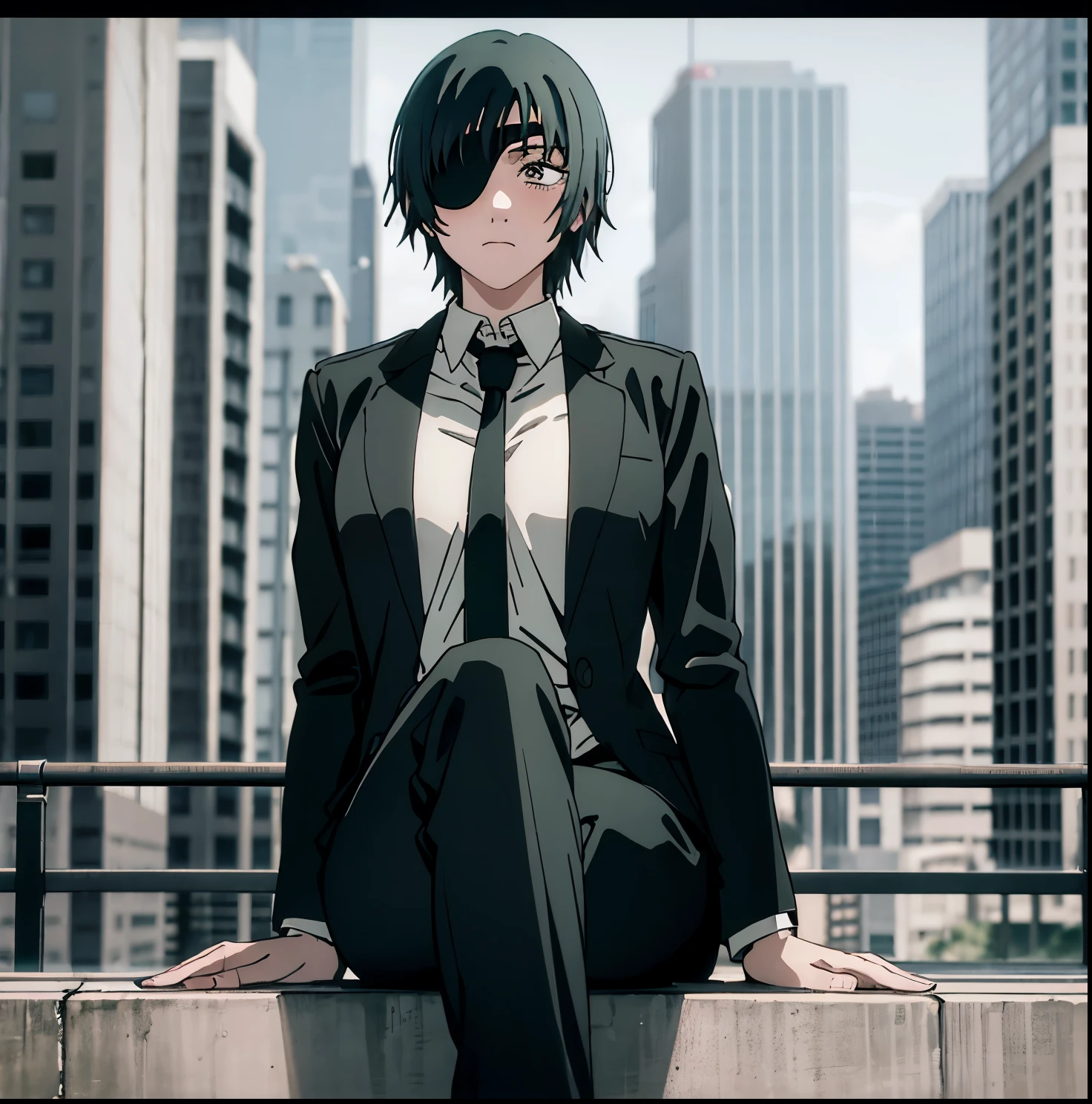 masterpiece, best quality,1girl, alone,himeno (chainsaw man), eyepatch, cigarette, breasts, necktie, solo, black hair, holding cigarette, shirt, black necktie, sitting, pants, black pants, large breasts, white shirt, looking at viewer, collared shirt, smoking, short hair, v, holding, long sleeves, city, bangs, jacket, formal, feet out of frame, cityscape, crossed legs, black eyes, suit, blush, shirt tucked in, smoke, black jacket, one eye covered, dress shirt, jacket removed, between fingers, building, arm support,good hands,good anatomy