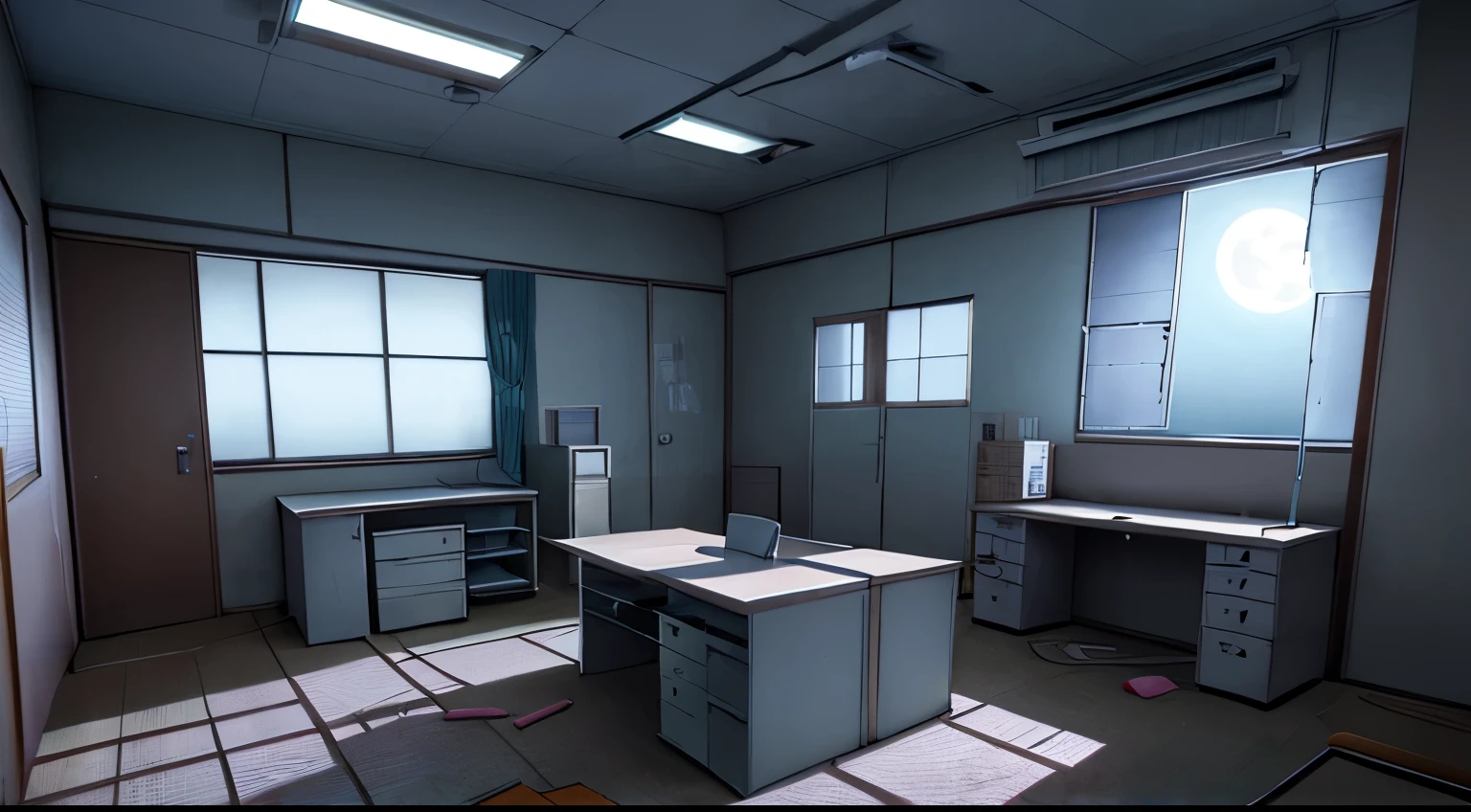 natta,Abandoned hospital interior,office desk,Scattered medical equipment,Broken windows,rays of moonlight