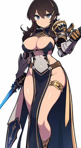 (((Best Quality))) , ((full body)), female, reference sheet, solo, (white background), slit dress, armored dress, holding sword, loin cloth, wielding, standing,