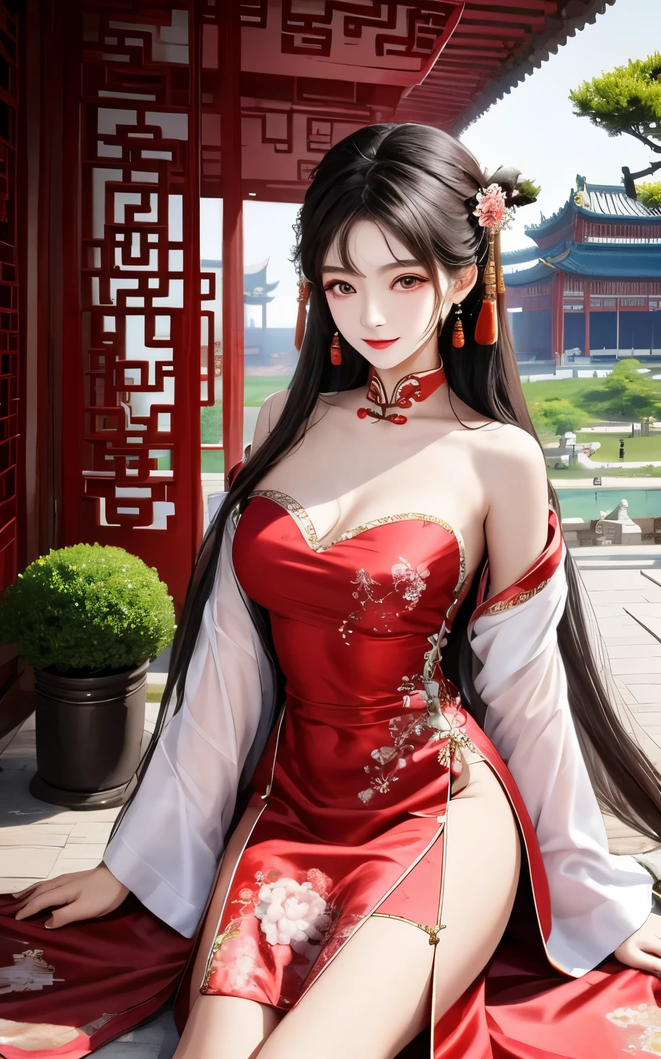 Beautiful Chinese girl，Shoulder skin，Elaborate Eyes，Detailed faces，Wear a red dress，Inside the Chinese courtyard，a plant，Pink curtaintravagant furnishings，palaces，Summer palace，carpets，delicated face, Nice face，