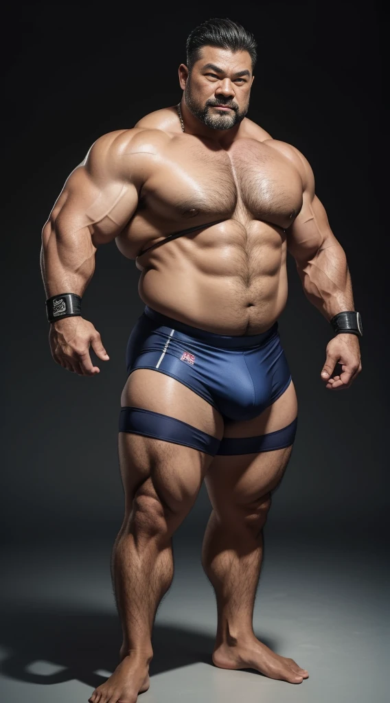 Middle age，the only person，male people，Muscle wrestler，Muscular，Stout wrestler，Asian people，uncles，60岁的Middle age，short detailed hair，short detailed hair细节，Wrestling Bootle Body Figure，Panorama characters，WWE ring，WWE American professional wrestling，spotlight lights，cel shadow，imagining，brief，age 55,Middle age，Tattoos are，Fingerless gloves，Wheat-colored skin，oilly skin，Dark skin，Show off your chest muscles，Sumo wrestler，body builder，Wide sideburns，Pronounced abs，ssmile，whaite hair，（Full body like：3），Hands are very thin，solid color backdrop，with a pure white background