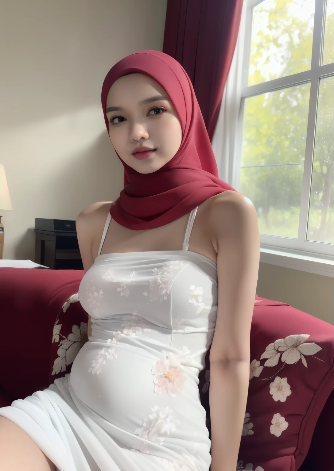 ((HIJAB MALAY GIRL)), RAW, Best quality, high resolution, Masterpiece: 1.3), Beautiful Malay woman in hijab, Masterpiece, Perfect slim body, ((Big breasteautiful big eyes, water eyes, Soft smile, wearing clothes((chiffon dress, bandeau, floral, red, light white)) , smiling, windy, skin details, skin texture details, wide hips, thick thighs, , sitting, classic house ((living room)), pregnant woman, open legs, open legs,((lace bra and panties)),(skinny boobs),((look down at the camera and angry face))., Emphasize ass, skinny chest, skinny Nipple, de pele branca, skinny breasts thin waist, mexico-style street, Hyper-Realism, Cinematic lighting, depth of fields, From below, vanishing point, F/2.8,  Anatomically correct, Textured skin, Super Detail, awardwinning, Best Quality, hight resolution, (look down at the camera and The mouth is wide open).