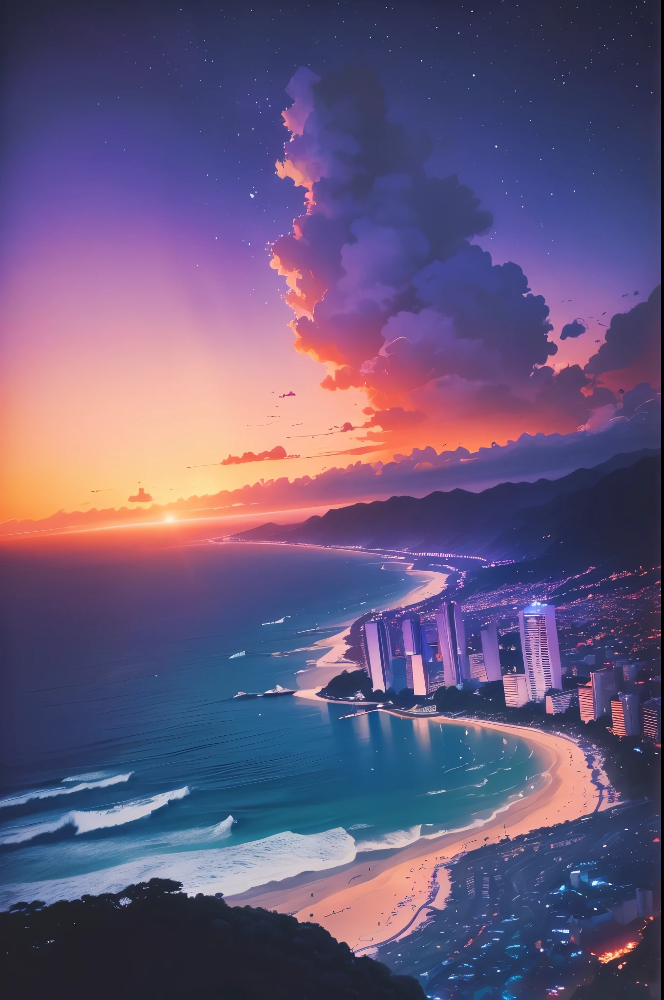 (master part, best quality:1.4), Cinematic light, Colouring, Alto contraste, Neon light, heaven, sunlight, space, praia, then, sem pessoas, fotografia de paisagem expansiva, (uma vista de baixo que mostra o heaven acima e o mar abaixo vestem muito roxo e laranja, detalhes, warm colors and vibrant Japanese anime style