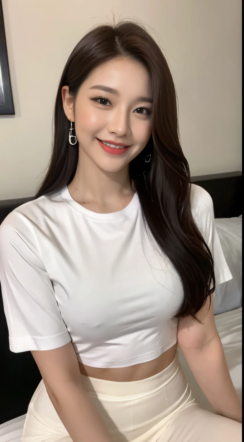 White tight shirt、White tight mini skirt、a bed、a smile、shortsleeves、high-level image quality、Hallyu Idol Face