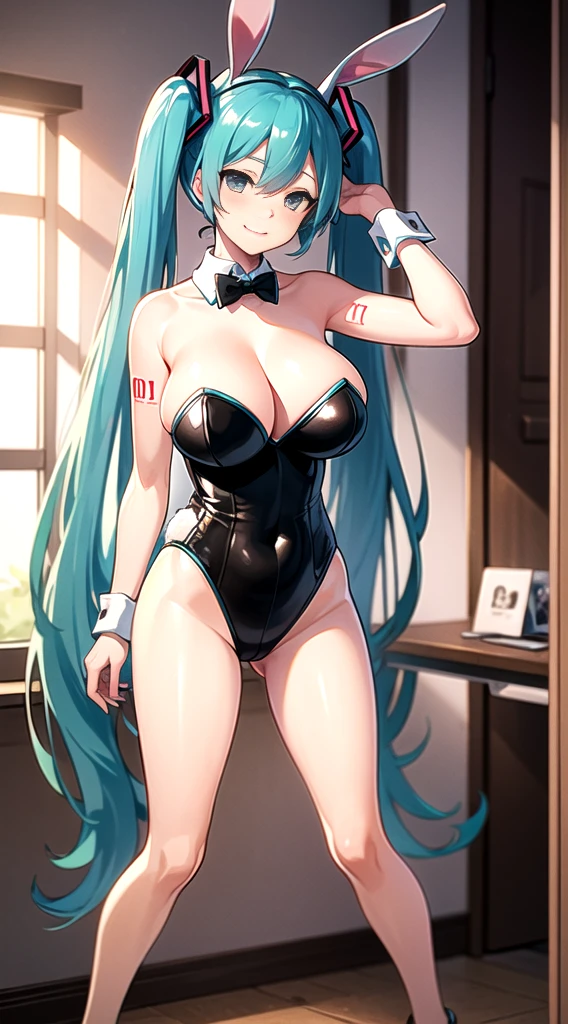 ((Hatsune Miku)), sexy outfit, twintails, high-leg leotard, high heels, ((bunny girl)), (huge breasts), black stocking, ((rabbit ear hair ornaments)), Valentine, Scalpel face, sexy pose, in room, high quality, high resolution, anime style
