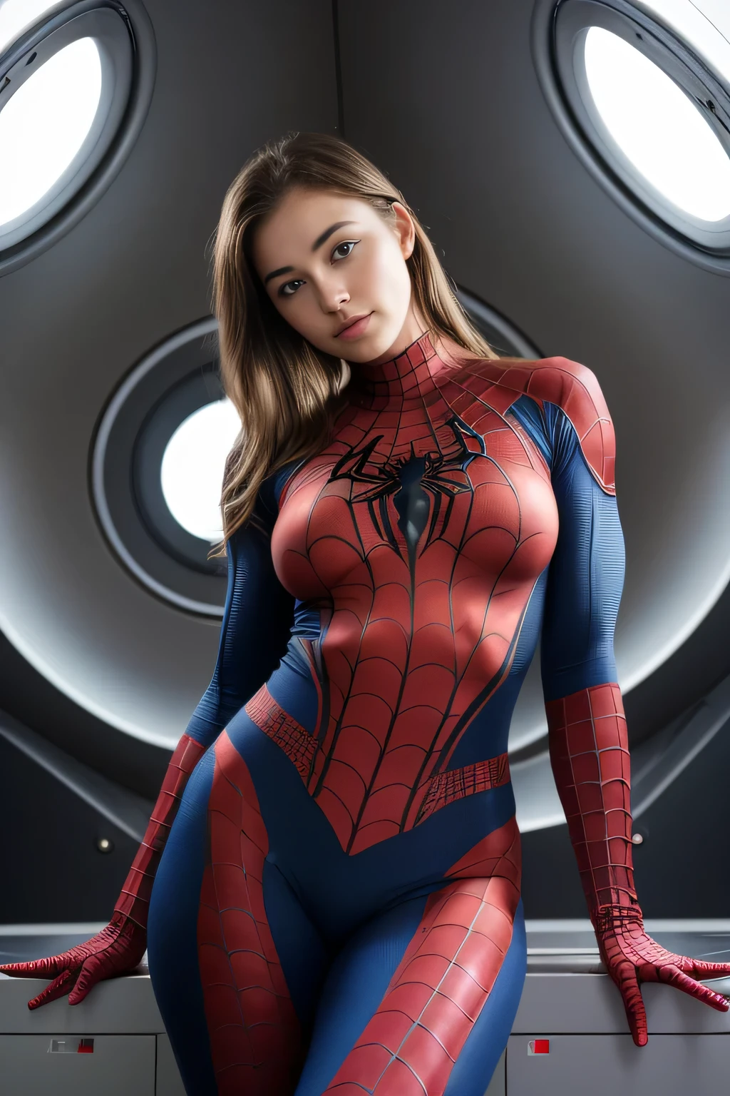 ((best quality)), ((masterpiece)), (detailed), perfect face, playful 20 year old woman, muscular and athletic body.  Sensual pose. Inside a spaceship, wearing highly detailed futuristic skimpy spiderman armor