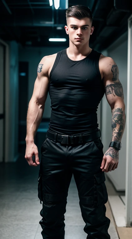 Harry Potter badass, , military haircut, black hair, intense green eyes fixed, intense gaze, affiliated features, no facial hair, height 1.93, weight 96 kg, muscular build, broad shoulders, V-shaped body, dragon tattoos, full body focus, completely hairless,