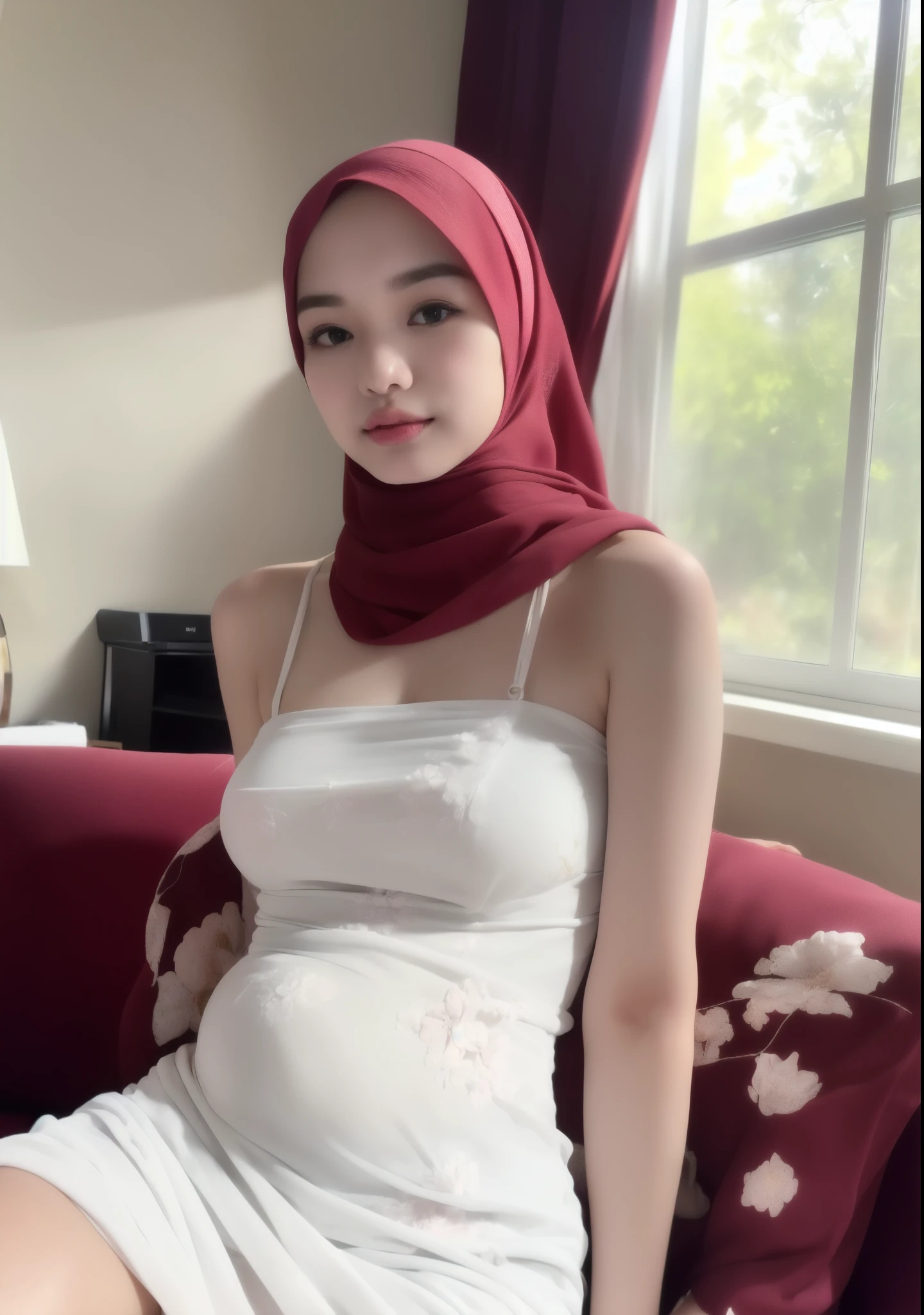 ((HIJAB MALAY GIRL)), RAW, Best quality, high resolution, Masterpiece: 1.3), Beautiful Malay woman in hijab, Masterpiece, Perfect slim body, ((Big breasteautiful big eyes, water eyes, Soft smile, wearing clothes((chiffon dress, bandeau, floral, red, light white)) , smiling, windy, skin details, skin texture details, wide hips, thick thighs, , sitting, classic house ((living room)), pregnant woman, open legs, open legs,((lace bra and panties)),(skinny boobs),((look down at the camera and angry face))., Emphasize ass, skinny chest, skinny Nipple, de pele branca, skinny breasts thin waist, mexico-style street, Hyper-Realism, Cinematic lighting, depth of fields, From below, vanishing point, F/2.8, Anatomically correct, Textured skin, Super Detail, awardwinning, Best Quality, hight resolution, (look down at the camera and The mouth is wide open).