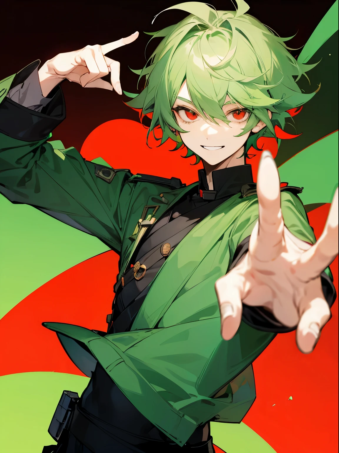 1male,25years,green hair,messy hair,red eyes,flat color,very short hair,smile,hand sign,dynamic pose