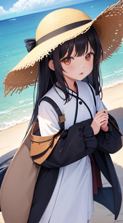 1girll,critters,sea beach,Black hair,蓝daysieblurry,bblurry的背景,,with brown eye,brown hair,catss,,Clouds,多云的daysies空,daysies,depth of fields,The clothes ar,Hats,Hats丝带,拿着critters,horizon,cparted lips,long whitr hair,Look at the observer,medium,the ocean,exteriors,分开的cparted lips,daysies空,无袖,独奏,Straw Hat Hat,夏daysies,Sun hat,Eau,w