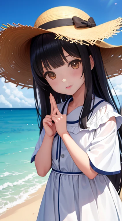 1girll,critters,sea beach,Black hair,蓝daysieblurry,bblurry的背景,,with brown eye,brown hair,catss,,Clouds,多云的daysies空,daysies,depth of fields,The clothes ar,Hats,Hats丝带,拿着critters,horizon,cparted lips,long whitr hair,Look at the observer,medium,the ocean,exteriors,分开的cparted lips,daysies空,无袖,独奏,Straw Hat Hat,夏daysies,Sun hat,Eau,w