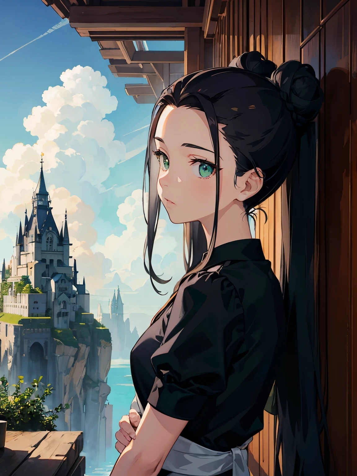((Long hair in two buns)), ((slicked back hairstyle))、Forehead is exposed.、A dark-haired、Green eyes、 1girl in, Little Girl、 (full body Esbian), O cabelo multicolorido, Castle in the distance, Beautiful road, \blue sky and vague clouds/ 浅笑, ghibli-like colors, ghibli-like colors, ghibli-like colors, Cinematic lighting, depth of fields, Character Chart, largo angle, I used to work, I used to work, tre anatomically correct, Textured Leather, super detailing, hightquality, Awarded, alto, 最hightquality, 8K