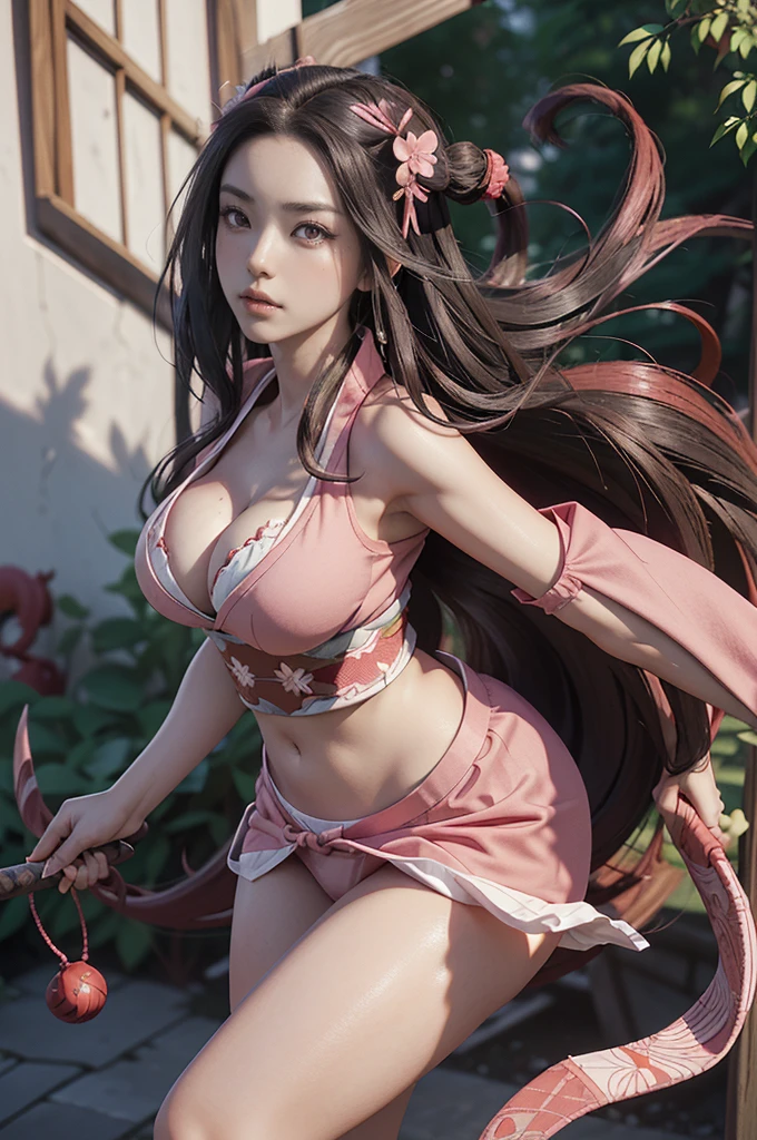 Nezuko kamado goddess of beauty, hottie with ultra giant breasts, huge long breasts sticking out of her kimono, with long hair and a sexy pink Japanese kimono, she doesn't wear panties showing her , pubic hair showing, Nezuko with a piece of bamboo, (Nezuko, Nezuko-chan, Demon Slayer art style, kimetsu no yaiba), female anime character, (Nezuko, in her demon form, Huge breasts, giant long breasts, sticking out of her clothes, showing beautiful breasts) , the length of her ultra-giant breasts goes down to her toned belly, she has leaf tattoos running down her sexy erotic body, Demon Slayer rui fanart, wielding kunai, Marin Kitagawa Fanart, clean and detailed anime art, a very beautiful berserker woman, by Kamagurka, professional art, perfect detail, (Nezuko kamado in his demonic form based on the demon Slayer kimetsu no yaiba)