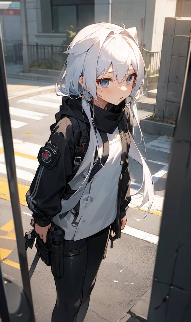 masterpiece、top-quality、女の子1人、white hair、Twin-tailed、kawaii、scarf、Exposed black futuristic combat uniform、outside of house、Street、casual,Ruins