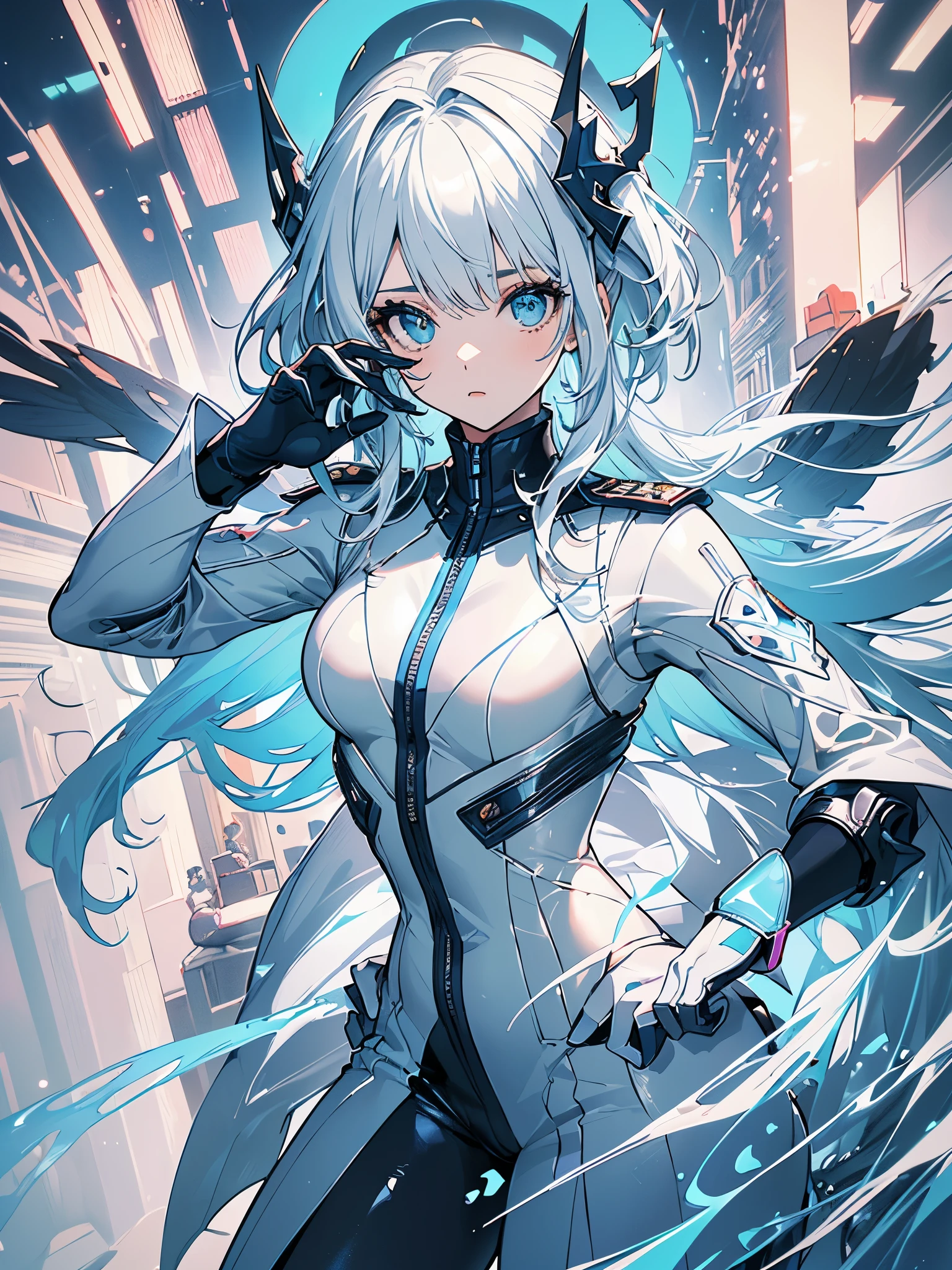 (master part, extremely high quality, highest resolution, diferente_imagem, Detalhes detalhados): (sozinho, lone girl, Japan face, de cabelo branco e mexas azul, atalho, figura de corpo inteiro, Seios de tamanho pequeno redondos, olhos azuis cintilantes, pilot suit in metallic white and blue color, roupas justas, roupas cobrindo todo o corpo, beleza, corpo magro, bunda grande, pose sexy, heroine, botas de joelho)