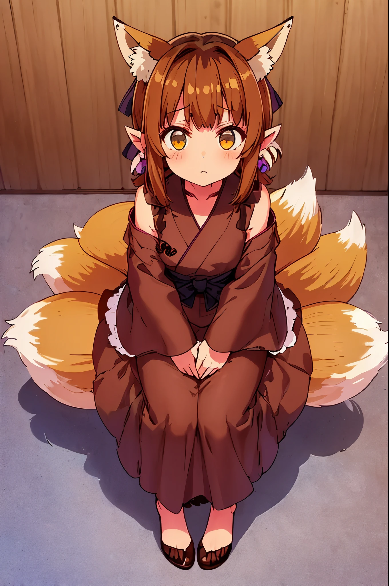 Full Body, Full Body Illustration, Best Illustration, ((Best Quality)), ((Masterpiece)), Anatomical, Award-winning concept art, Beautiful, fine details, ((Looking up at Viewer)), 1 Girl, Full Body, Solo, 8 , sitting, sitting on legs, (((Kitsune))), (((((chocolate brown fox tails and ears))))), (((multiple fox tails))), very fluffy fox tails, floofy tails, ((((chocolate brown hair)))), shoulder length hair, soft brown eyes, Big eyes, purple yukata with black sash, Blush, kuudere, Loli, Skinny, Lolita, Child, Cute, Young Appearance, Fantastic Visual Depiction, Professional Effect, Beautiful Girl, Petite Girl, Unevenness, (volumetric lighting)