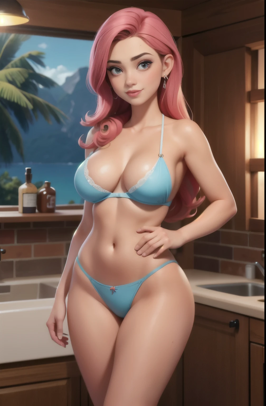 (best quality, master part:1. 2), ultra-detalhado, mulher doce bonita, Harley, poker, parte superior do corpo, De frente, Olhando para o Viewer, cabelos vermelho com azul, vestindo camisa de gola alta, shirt button came off, clivagem, Interior, corpo voluptuoso, quadril largo, corpo amadurecido, seios grandes, umbigo, olhos perfeitos, muito lindo, pale skin, (caucasianista superior da cintnas abertas), (Mamilos duros), (Wet micro bra), (depilado , virilha)