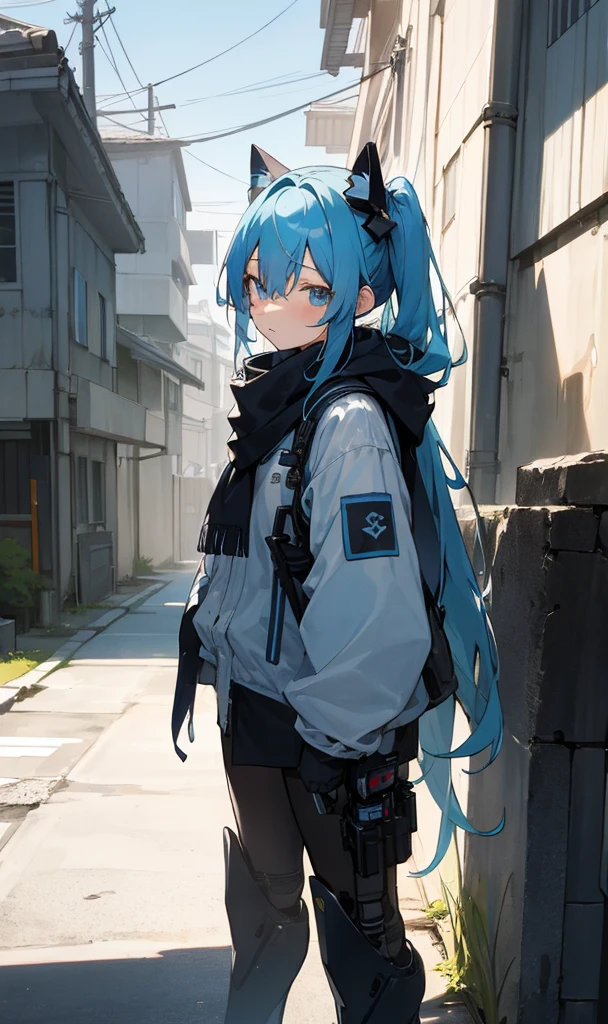 ​masterpiece、top-quality、女の子1人、lightblue hair、Twin-tailed、kawaii、scarf、Exposed black futuristic combat uniform、outside of house、Street、casual,Ruins