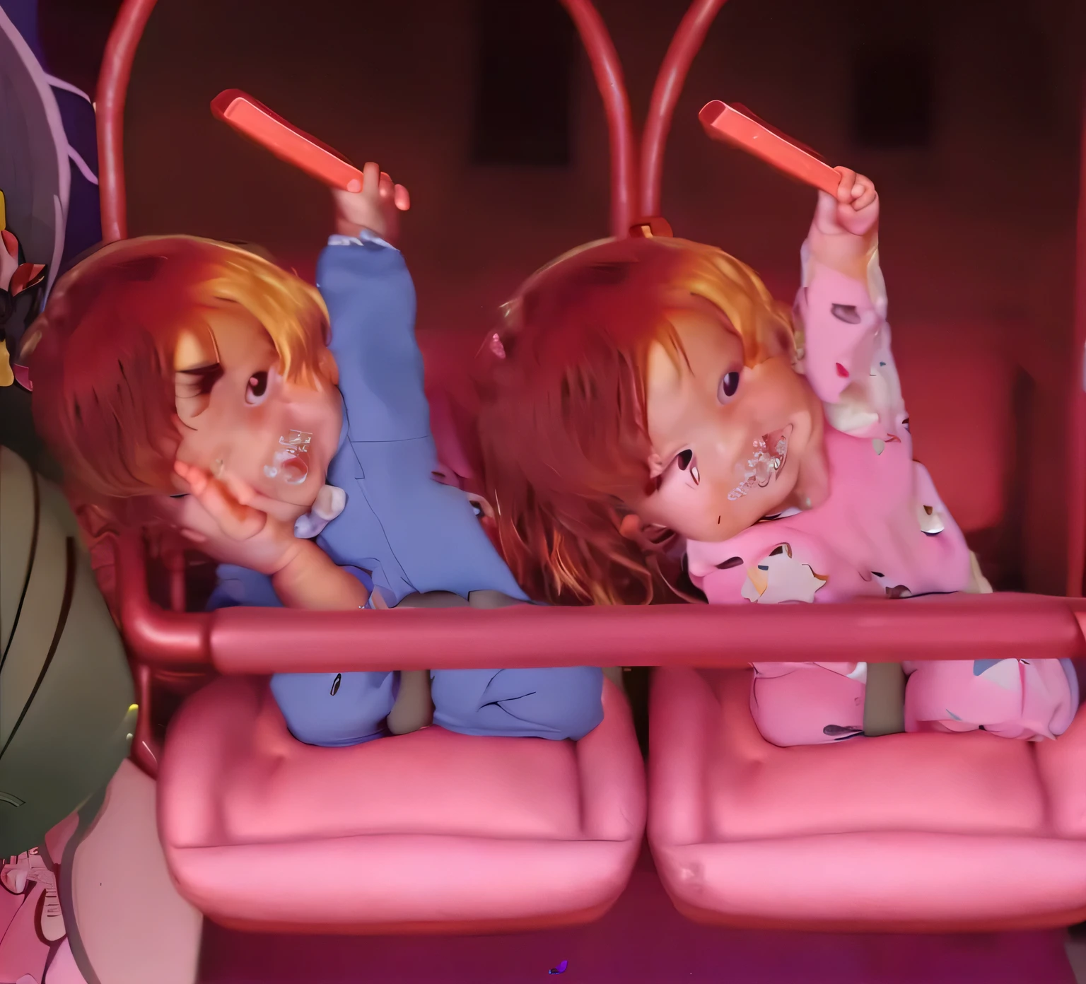 a blond,twinsies,1 year old,Baby,male year old boy,A girl child,Rompers in different colors,Light blue romper,Pink romper,holding a penlight in hand,Raise one hand,Turning a blind eye,tilt your body in the same direction,Bowing the head,a picture,in 8K,top-quality,highest details