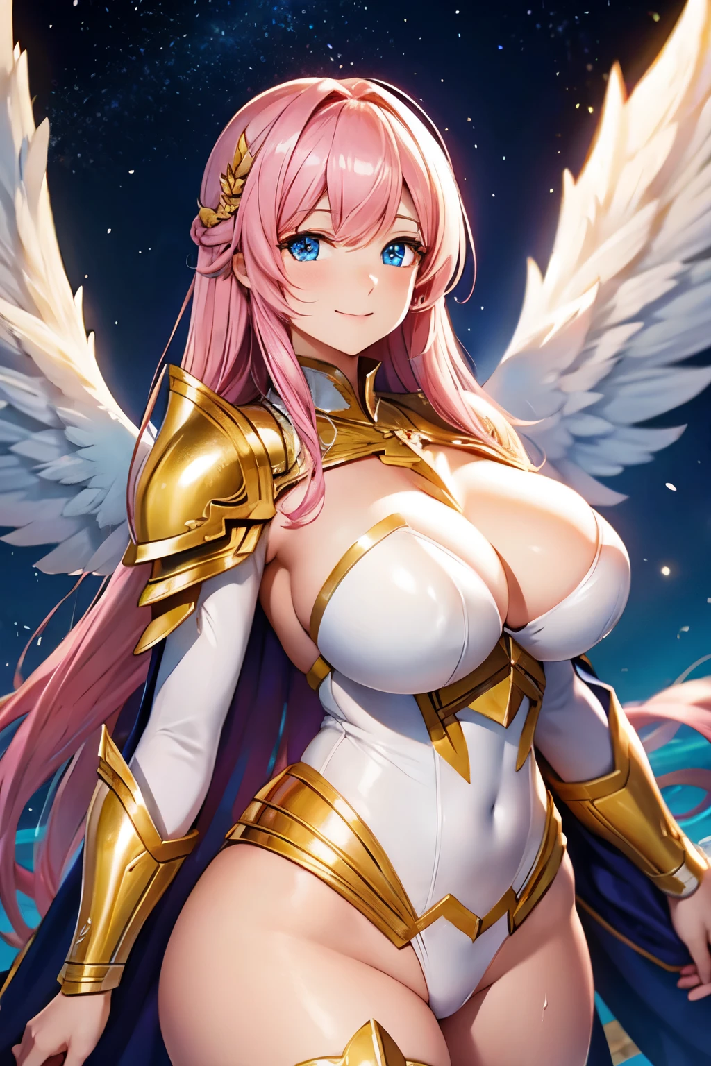 (High quality, High resolution, Fine details), angel knight, angelic armor, divine wings, golden armor, starry background, shining armor, solo, curvy women, Pink Hair, sparkling eyes, (Detailed eyes:1.2), smile, blush, Sweat, Oily skin, shallow depth of field