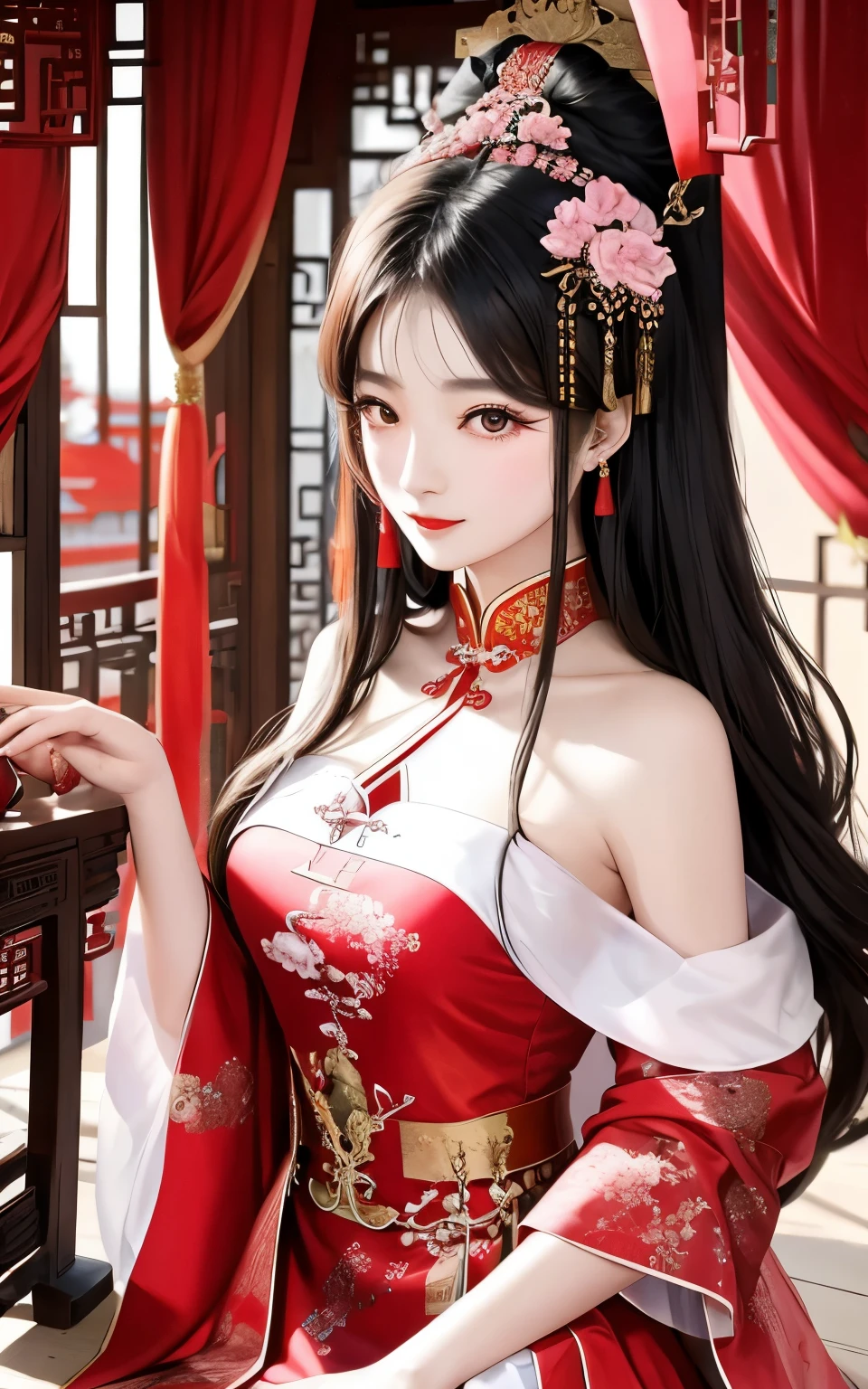 Beautiful Chinese girl,Shoulder skin,Elaborate Eyes,Detailed faces,Wear a red dress,Interior of Chinese architecture,Pink curtaintravagant furnishings,palaces,Summer palace,carpets,delicated face, Nice face,Inside the Palace of Versailles,