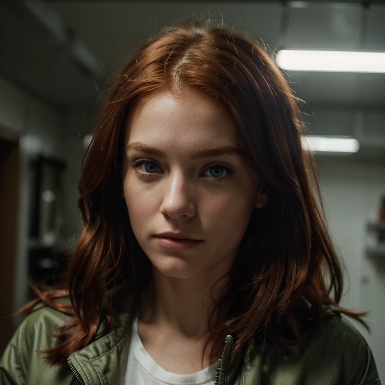 Caucasian red hair middle 20 years girl, fit, staring at the viewer, realistic wearing a jacket somewhere in eas , glowing hazel greenish eyes, inocent, intense, solodramatic lightinasterpiece:1.2), best quality, high resolution, beautiful detailed, extremely detailed, perfect lighting
