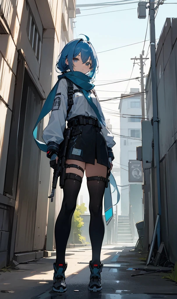 masterpiece、top-quality、女の子1人、lightblue hair、Twin-tailed、kawaii、scarf、Exposed black futuristic combat uniform、outside of house、Street、casual,Ruins
