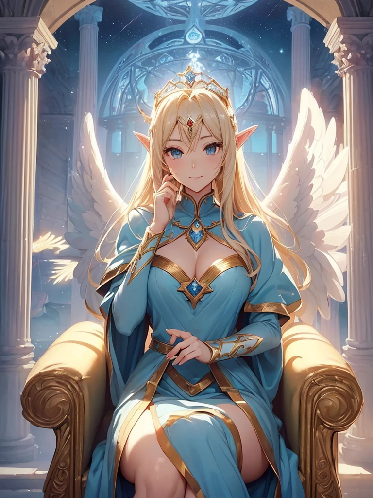 top-quality、Top image quality、But Tarpeace、Super beautiful elf beauty((24 year old、Best Bust、big bast、Bust 90,beautiful blue long ironed hair、a blond、globe、Sexy means、、A slender、a closeup、Esbian、beautiful tiara、hiquality、Beautiful Art、background spectacular scenery、Superb Piece、visualart、depth of fields、blue-sky、Elven ears、、light magic、Space Knight、harp melody🎵、Happy smile、Gentle light、、Beautiful legs that are gentle on the skin、、、Number of fingers to achieve precise finger movements、ticker beautiful decoration、elegent、Mystical field under the flower garden、Marble pillars, beautiful dressy、byzantine art、marble dome、art noveau、Temple of Time、Inside the grand dome、、A sexy is 1.3,巨大なglobe、Renaissance painting、Raphael's paintings、the golden ratio、Renaissance architecture、Inside the palace、White beautiful dress、(angel wings 1.1、)low angles、a closeup、(big angel wing)、a throne、
