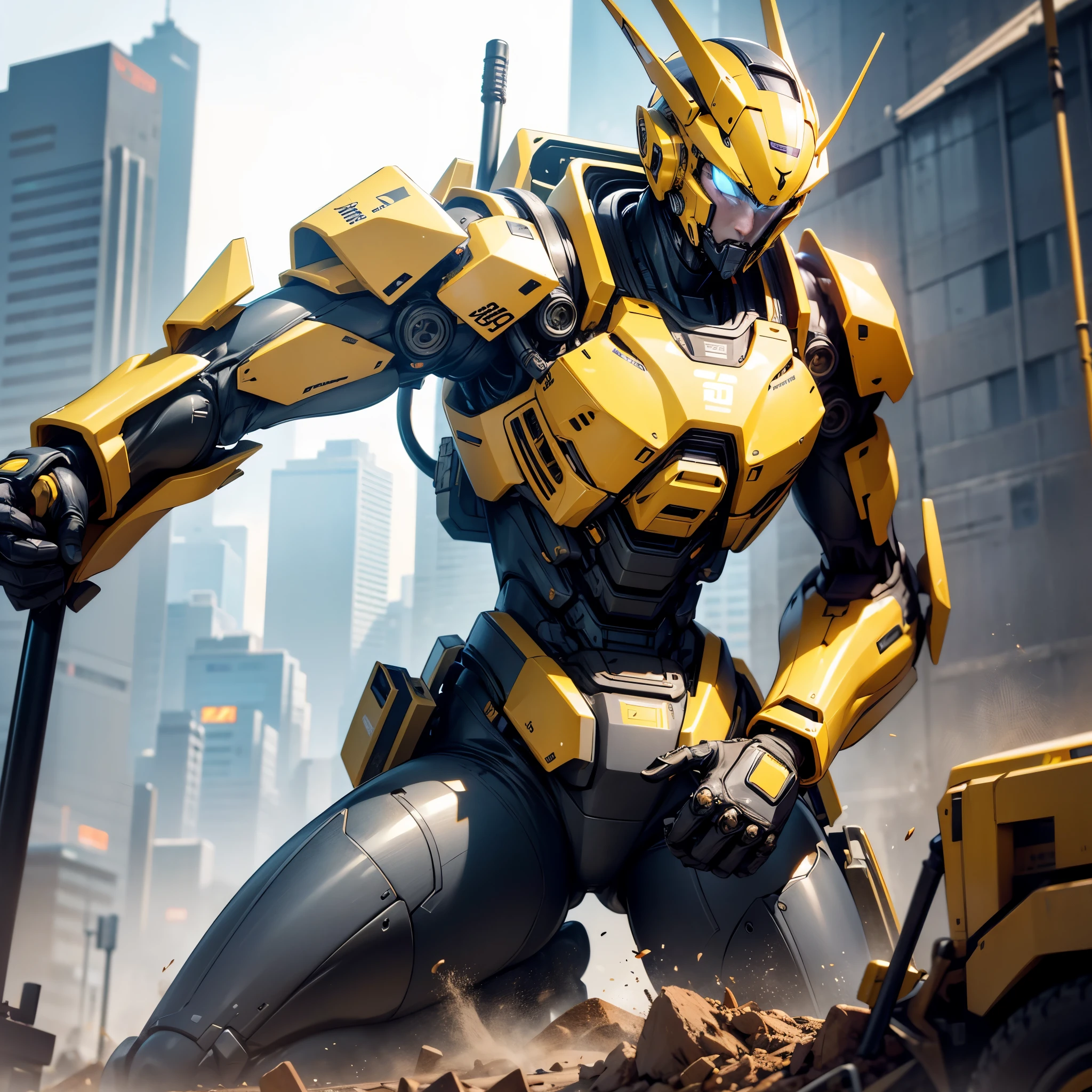 (best quality,4k,8k,highres,masterpiece:1.2),ultra-detailed, Yellow humanoid Mecha, Has head, torso, arms and legs, Right arm is a backhoe shovel arm, in a metropolitan city. Mecha has a face with eyes nose and mouth, facing viewer, HDR, 8k, absurdres, cinestill 800, sharp focus