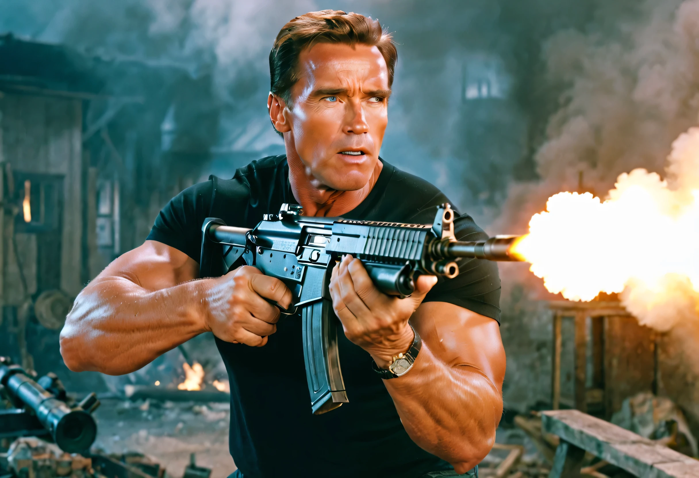 (best quality,4k,8k,highres,masterpiece:1.2),ultra-detailed,realistic:1.37,arnold schwarzenegger,brutal,vivid colors,sharp focus,machine gun in hand,shooting,burst fire,empty casings dropped down ,explosions on background,dramatic lighting,strong shadows,physically-based rendering, determined eyes,smoke-filled air,high-contrast,