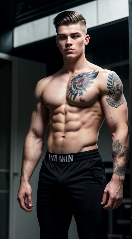 Young white man cyber , , military haircut, black hair, intense blue eyes, intense gaze, affiliated features, no facial hair, height 1.90, weight 96 kg, muscular aesthetic build, broad shoulders, V-shaped body, half tattoos in Arms, full body focus, completely hairless